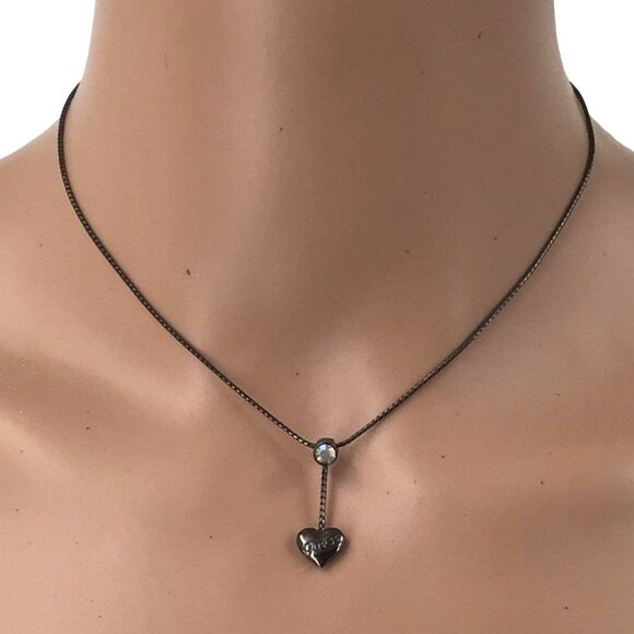 Vintage Guess Necklace Black Heart Rhinestone Accent Adjustable Length - Picture 1 of 2